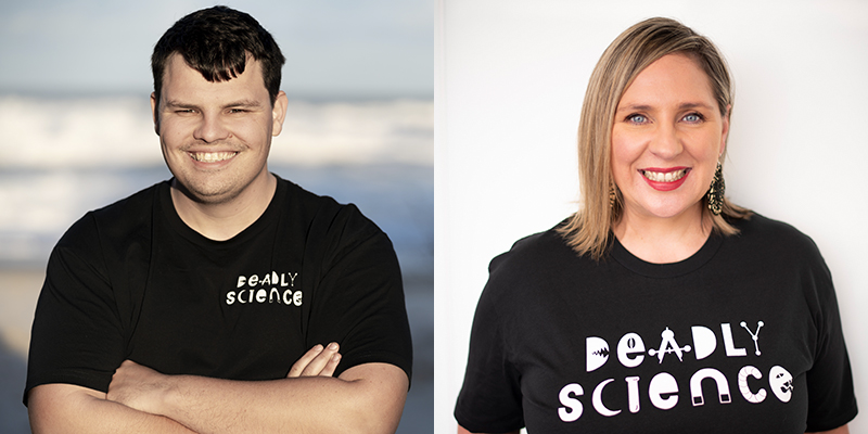 Side by side photos of Corey Tutt and Misty Jenkins, both are wearing black tshirts with the DeadlyScience logo