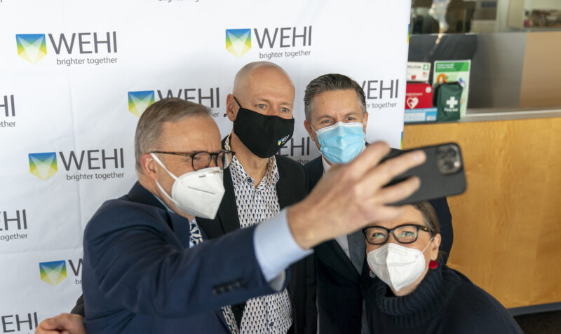 Prime Minister Anthony Albanese (left) takes a ‘selfie’ with WEHI Director Professor Doug Hilton, Minister for Health and Aged Care Mark Butler (right) and Assistant Minister for Health and Aged Care Ged Kearney