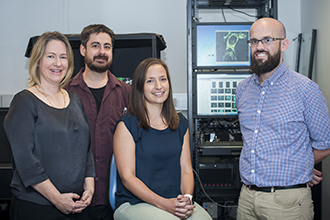 Dr Kelly Rogers, Dr Lachlan Whitehead, Dr Kate McArthur and Dr Niall Geoghegan with the lattice light-sheet microscope.