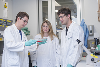 Brandon Aubrey, Gemma Kelly and Marco Herold in the lab