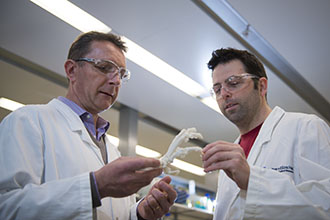 Two researchers in lab coats standing in a laboratory, looking at a 3D printed model of a limb with arthritis