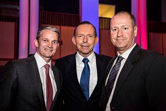 Professor Brendan Crabb, Prime Minister Tony Abbott and Professor Doug Hilton at an event