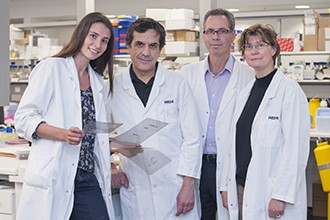 Dr Delphine Merino, Dr François Vaillant, Professor Geoff Lindeman and Professor Jane Visvader in a laboratory