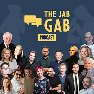 Promotional image showing podcast presenters