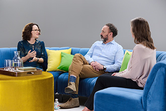 Donor John Dyson chatting to researchers Marnie Blewitt and Tracy Putoczki