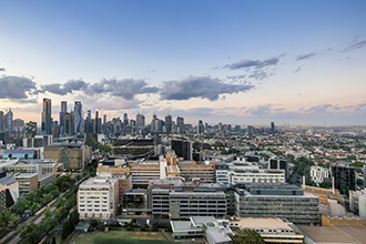 Aerial photo of Parkville, with WEHI in the foreground