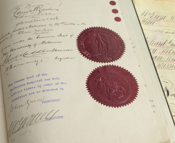 The signed agreement to establish the Walter and Eliza Hall Institute of Research in Pathology and Medicine.