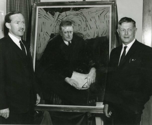 Sir Andrew Grimwade (L) and Sir Frank Macfarlane Burnet at the unveiling of a portrait of Burnet painted by Clifton Pugh, 1966.