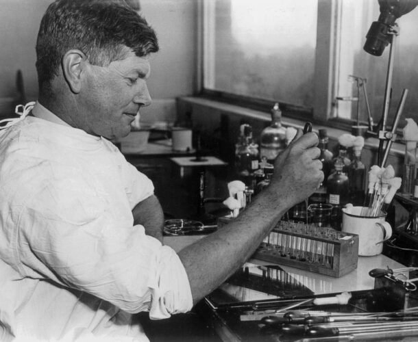 Sir Frank Macfarlane Burnet in the laboratory.