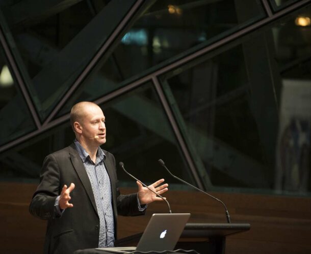 Professor Doug Hilton delivering a presentation at Deakin Edge, Federation Square.