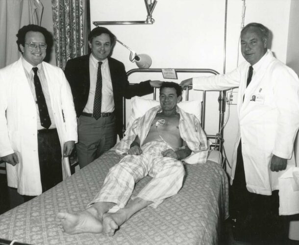 Dr George Morstyn, Dr Richard Fox and Professor Don Metcalf (L-R) with the first patient to receive CSFs in Australia.