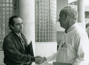 Spanish opera singer Jose Carreras visits the institute to meet Don Metcalf and the cancer research team, 1991. Senor Carreras was one of the first patients to be treated with one of the discoveries of Metcalf's team, GM-CSF.