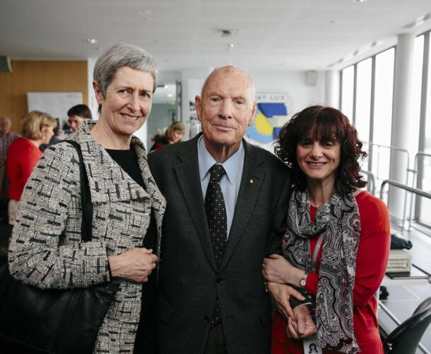 Professor Anne Kelso with Professor Don Metcalf and his research assistant Ladina de Rago at Metcalf’s retirement in 2014