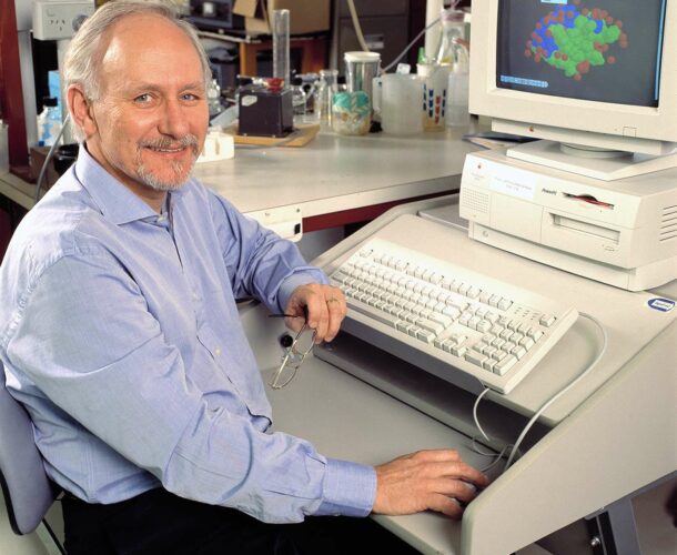 Len Harrison shows a molecular model of insulin on his computer