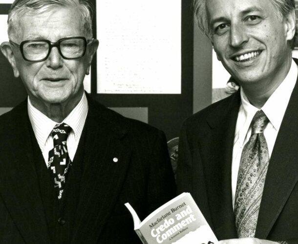 Retiring director Sir Frank Macfarlane Burnet (left) with incoming director Sir Gustav Nossal.