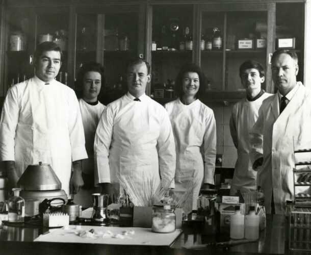 Cancer Research Unit scientific staff, 1968. Left to right: Dr Noel Warner, Miss Sally Mason, Dr Tom A McNeill, Barbara Hall, Dr Richard Stanley and unit Head, Dr Don Metcalf.