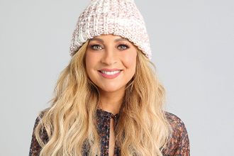 Carrie Bickmore wearing a light pink beanie
