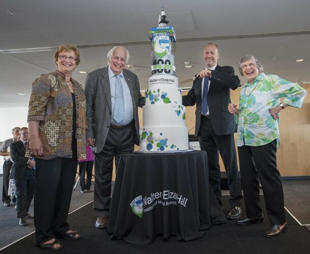 Liz Dexter (far right) joins past directors Professor Suzanne Cory (far left), Sir Gustav Nossal (centre left) and current director Professor Doug Hilton (centre right) to celebrate the institute’s centenary.