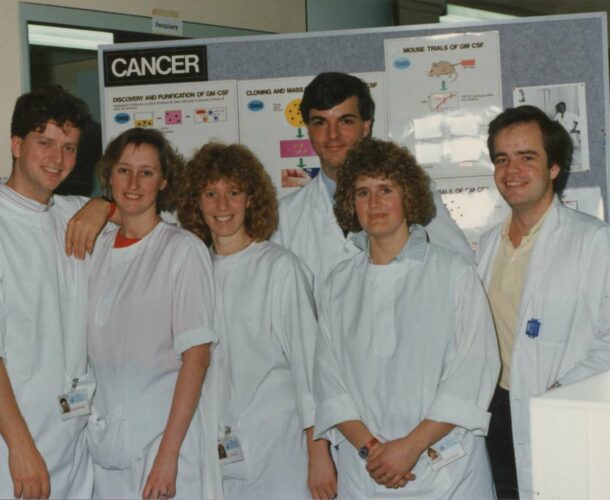 The molecular biology team in 1988 L-R, Professor Dave Gearing, Annette Futter (research technician), Julie King, Dr Nick Gough,Tracy Willson and Dr Jurgen Stahl (PhD student).