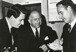 Sir Gustav Nossal (L) and Professor Don Metcalf (R) explaining their research with Victorian Premier Sir Henry Bolte in 1966