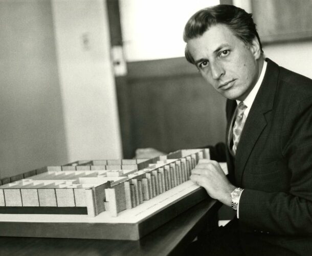 Sir Gustav Nossal with a model of the new campus