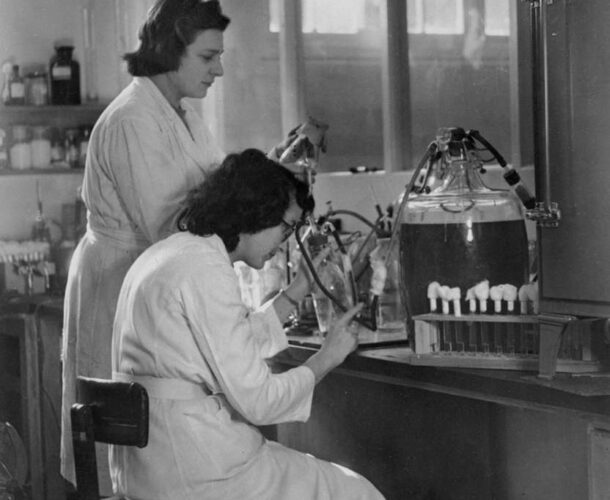 Technicians in the institute’s biochemical laboratory processing the crude extract of influenza virus drawn from eggs.