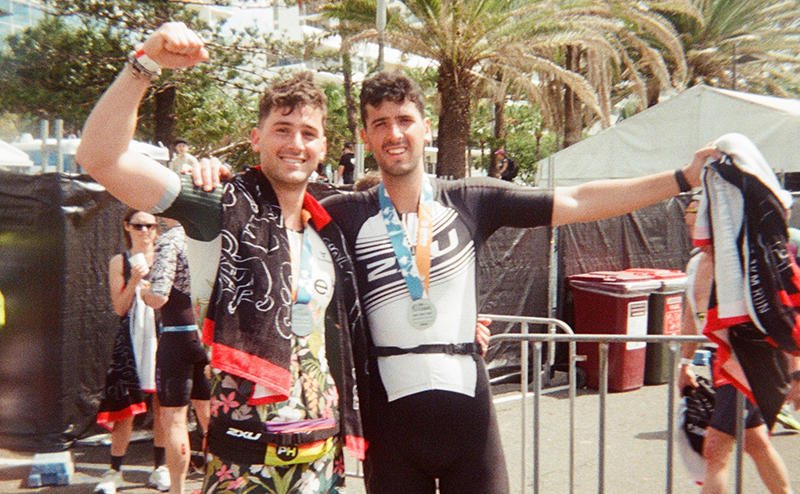 Ryan Blumberg, left, and Dylan Blumberg, right, at the Sunshine Coast Ironman 70.3 event.