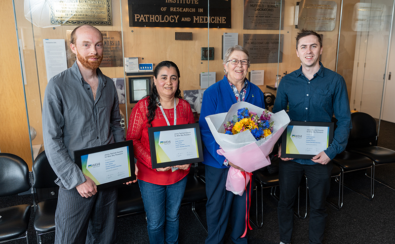 2023 Jenny Tatchell Awards recipients (L to R): Dr Tom Weber, Dr Esther Bandala Sanchez, Jenny Tatchell, Dr Caleb Dawson. Absent: Dr Aurelie Dawson.