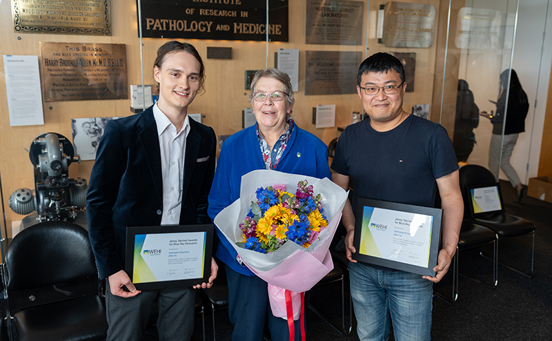 Jenny Tatchell (centre) with 2023 Jenny Tatchell Awards recipients Dr Viacheslav “These ideas may be our future. I hope the winners are able to develop them, within the wonderful WEHI environment.” (left) and Dr Zhen Xu (right).