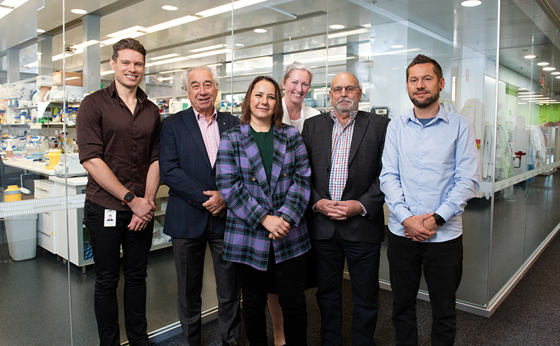 The CASS Foundation meets with past grant recipients at WEHI. L-R: Dr Phillip Pymm, David Abraham AM, Tamara Abraham, Associate Professor Tracy Putoczki, David Aitken, Dr Marcel Doerflinger.