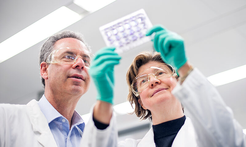 Geoff Lindeman and Jane Visvader are photographed working in a laboratory